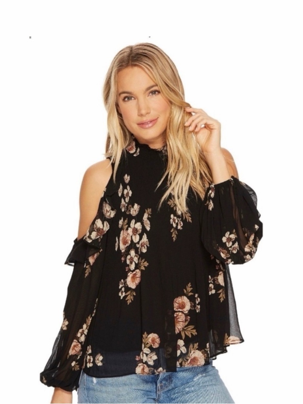 ASTR Shae dark floral ruffle pleated open shoulder flirty black top size Large